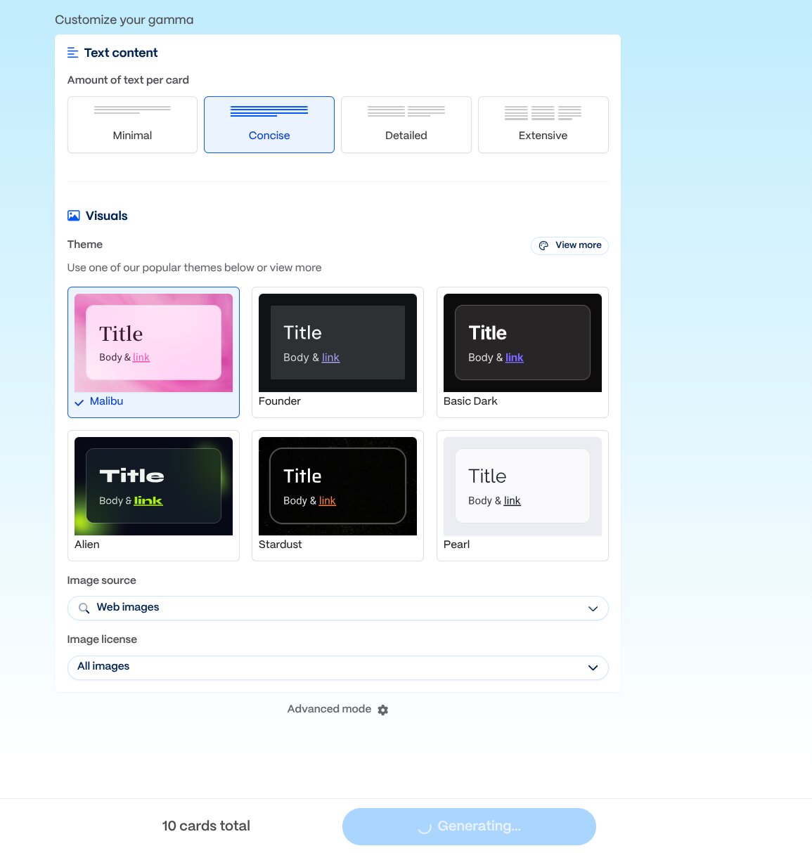 Gamma setup screen showing multiple configuration options including text content density, theme selection, image source, and image license settings
