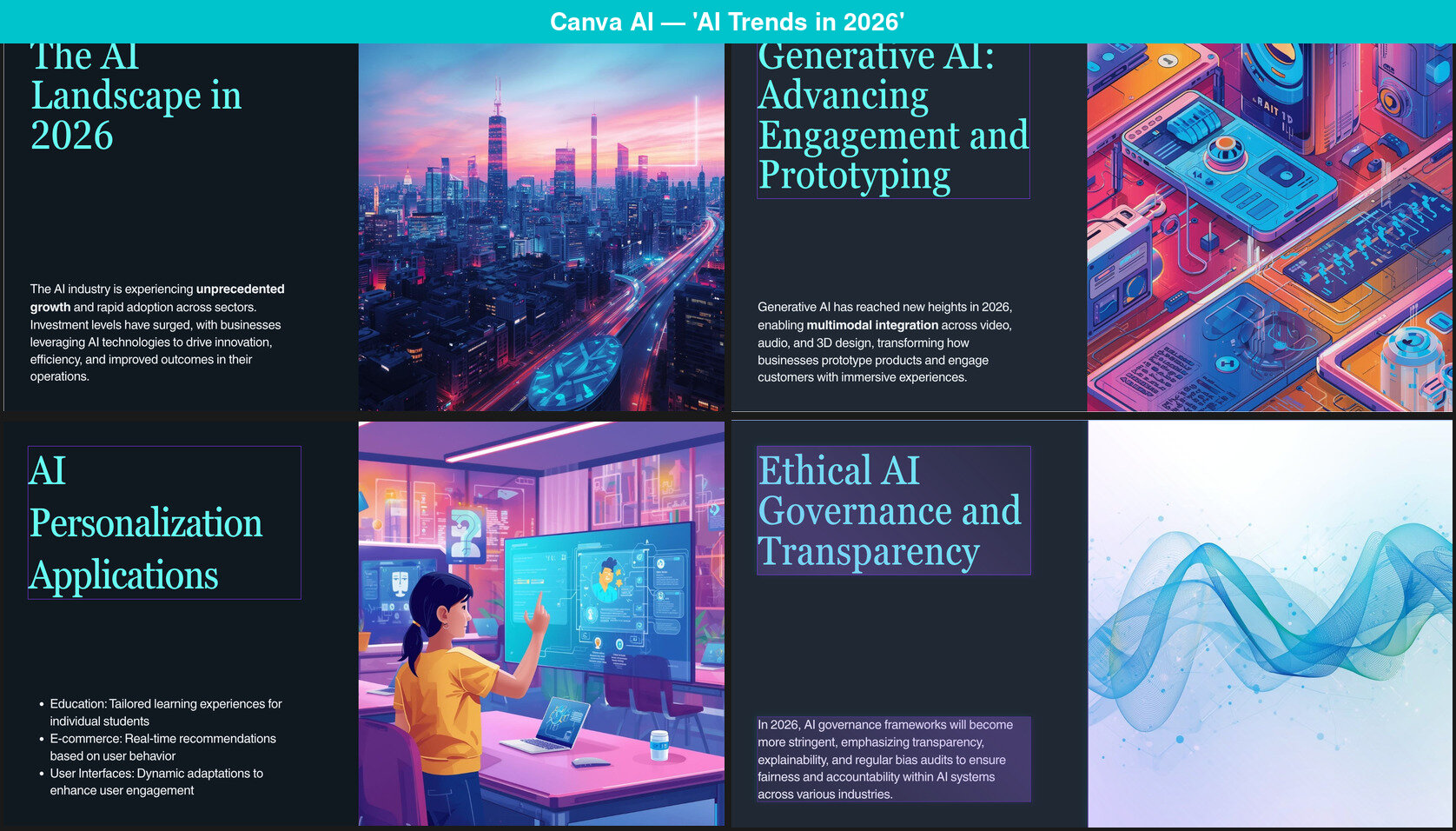 Four consecutive Canva AI slides showing the identical two-column layout: title and text on the left, decorative image on the right