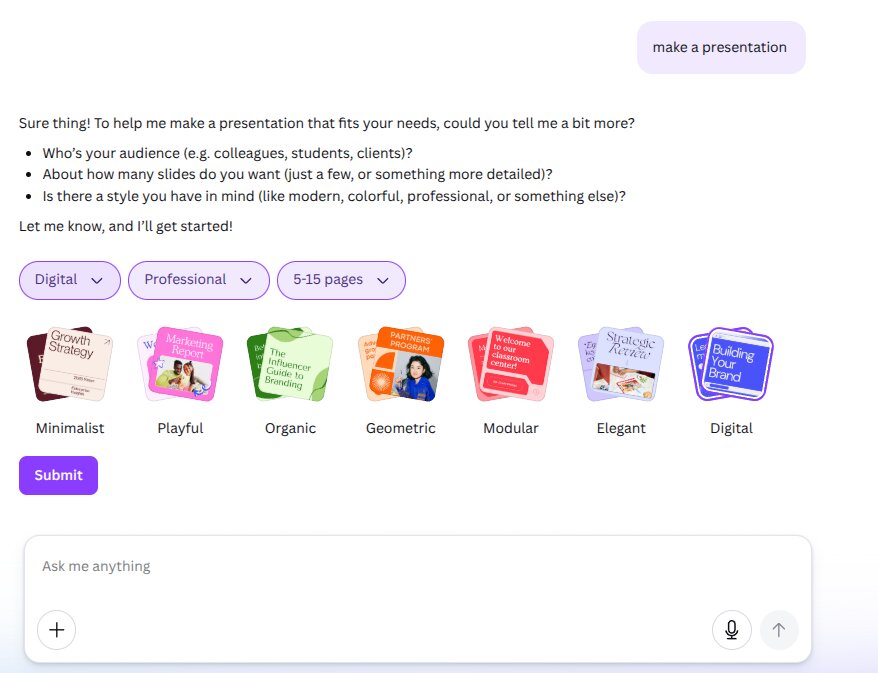 Canva AI settings panel showing Digital style, Professional audience, 5-15 pages options with 7 visual theme thumbnails