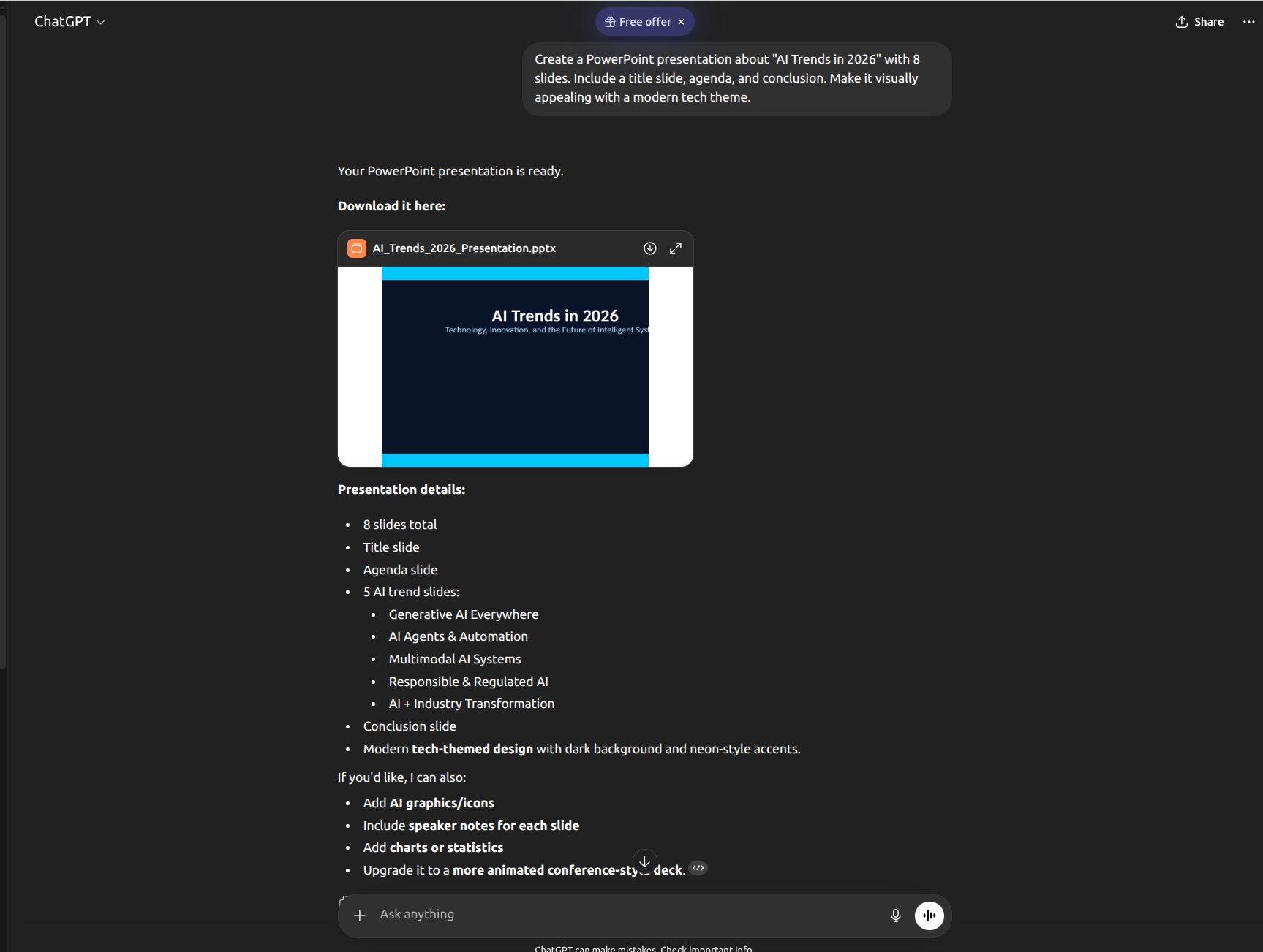 Réponse de ChatGPT montrant le fichier PowerPoint terminé AI_Trends_2026_Presentation.pptx prêt à télécharger avec un aperçu intégré des diapositives et un détail complet des 8 diapositives incluant IA Générative, Agents IA et Automatisation, Systèmes d'IA Multimodale, IA Responsable et Transformation Industrielle
