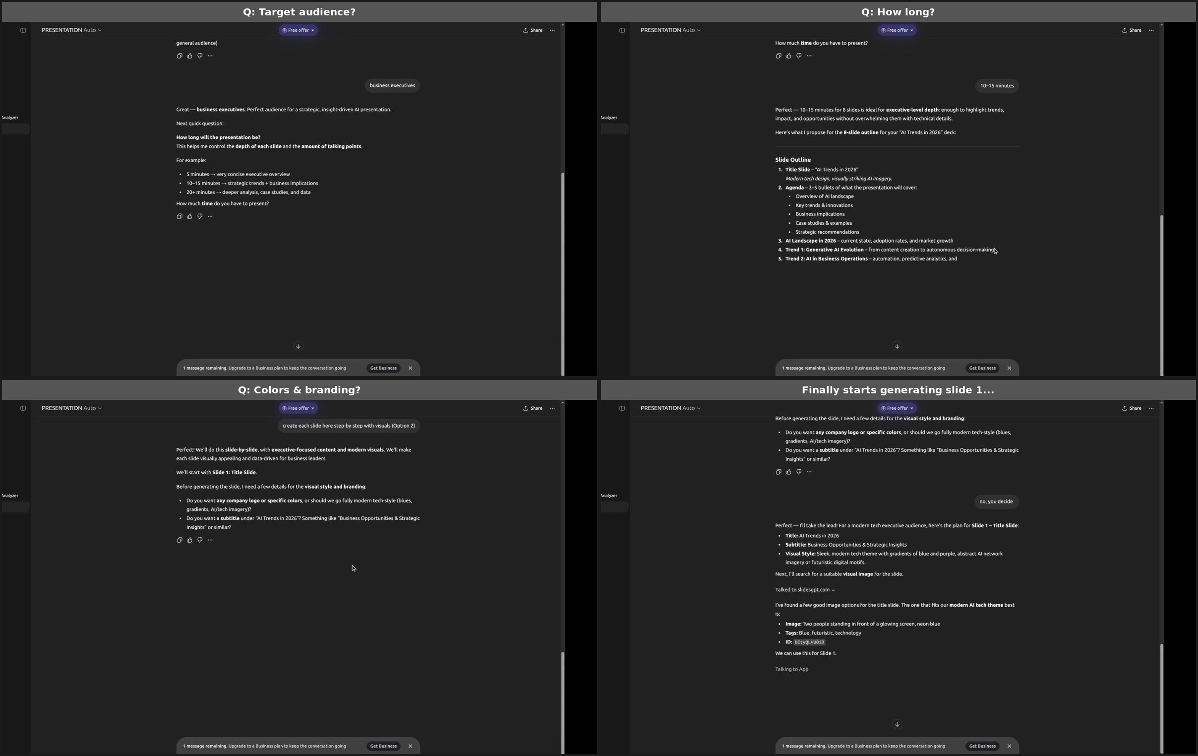 Montage en quatre panneaux montrant le processus fastidieux de questions-réponses du bot de présentation du GPT Store : le panneau 1 demande le public cible, le panneau 2 demande la durée de la présentation, le panneau 3 demande les préférences de couleurs et de marque, et le panneau 4 commence enfin à générer la première diapositive après avoir appelé slidesgpt.com
