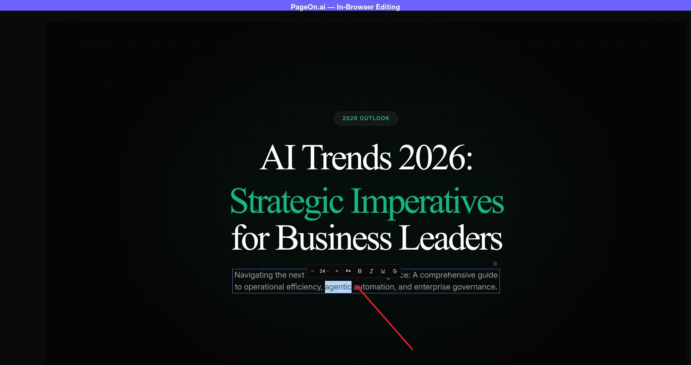 PageOn.ai in-browser editing interface showing a text element being edited directly on the title slide with a formatting toolbar displaying font size bold italic underline and strikethrough options