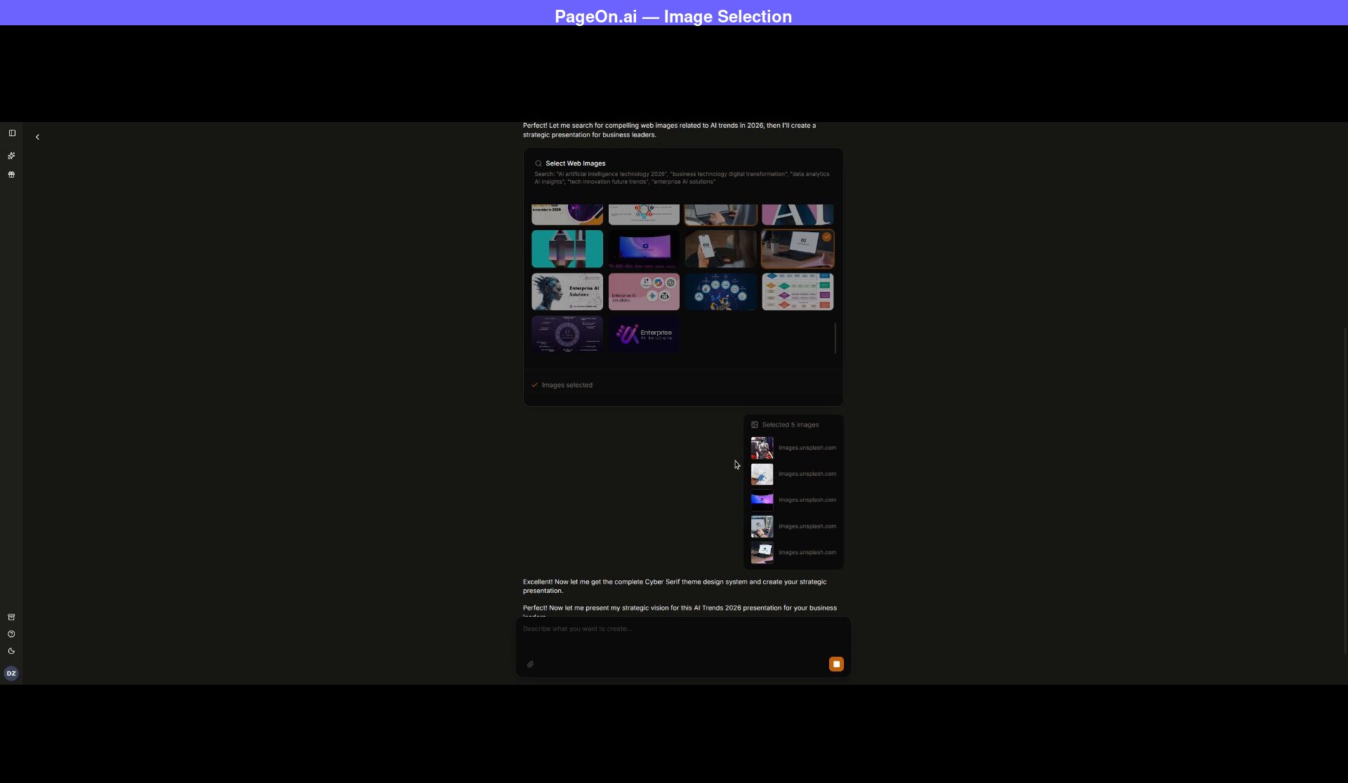 PageOn.ai web image selection interface showing a grid of AI-related images searched from the web, with 5 selected images listed on the right showing their Unsplash sources, and a confirmation message below ready to create the presentation