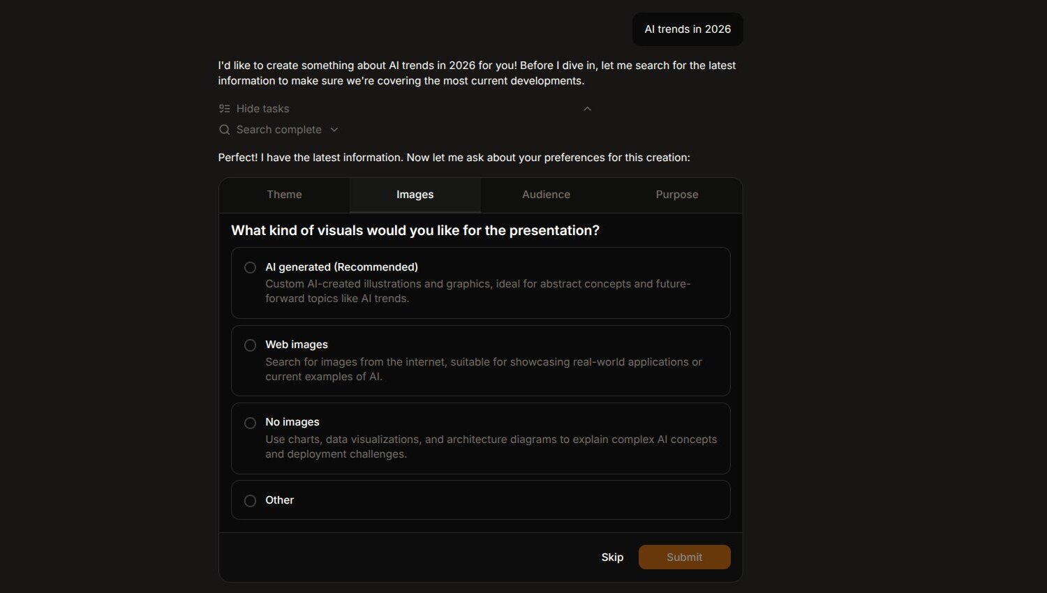 PageOn.ai interface showing automatic web search results and AI-recommended themes based on topic analysis